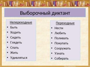 Выборочный диктант Непереходные Быть Ходить Сидеть Глядеть Спать Жить Удивлят