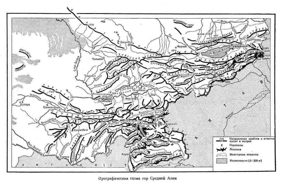 Орографическая схема гор Средней Азии