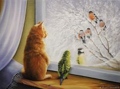 Собачье Искусство, Кошки И Котята, Птица, Painting, Животные, Зима, Собаки