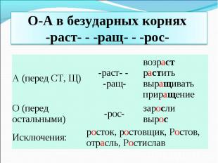 О-А в безударных корнях -раст- - -ращ- - -рос-