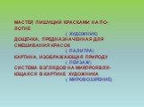 МАСТЕР, ПИШУЩИЙ КРАСКАМИ НА ПО- ЛОТНЕ ( ХУДОЖНИК) ДОЩЕЧКА, ПРЕДНАЗНАЧЕННАЯ ДЛЯ СМЕШИВАНИЯ КРАСОК ( ПАЛИТРА) КАРТИНА, ИЗОБРАЖАЮЩАЯ ПРИРОДУ ( ПЕЙЗАЖ) СИСТЕМА ВЗГЛЯДОВ НА МИР,ПРОЯВЛЯ- ЮЩАЯСЯ В КАРТИНЕ ХУДОЖНИКА ( МИРОВОЗЗРЕНИЕ)