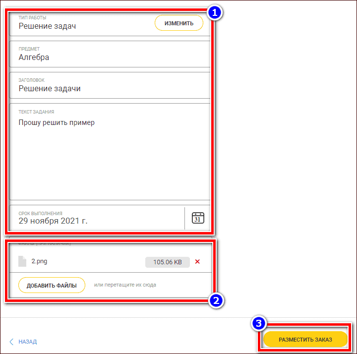 форма заказа для решения задачи