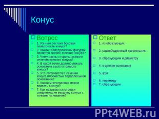 Конус Вопрос 1. Из чего состоит боковая поверхность конуса? 2. Какой геометричес
