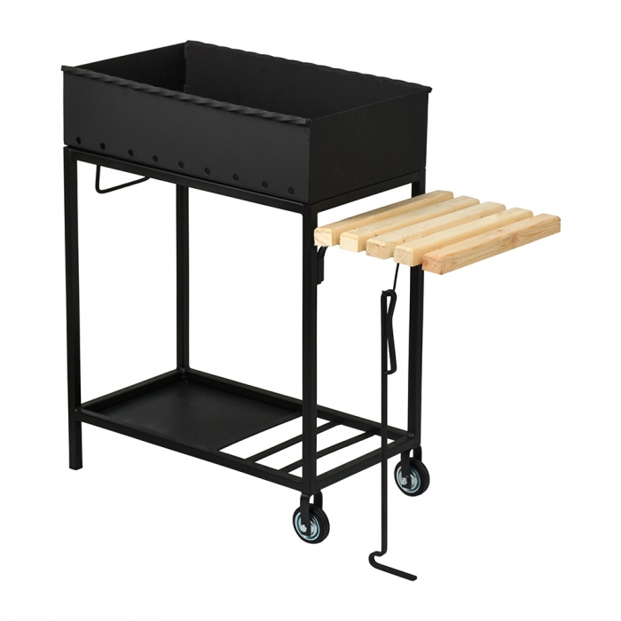 Мангал со столиком, дровницей и кочергой BoyScout, на колесах, 890x360x800 мм.