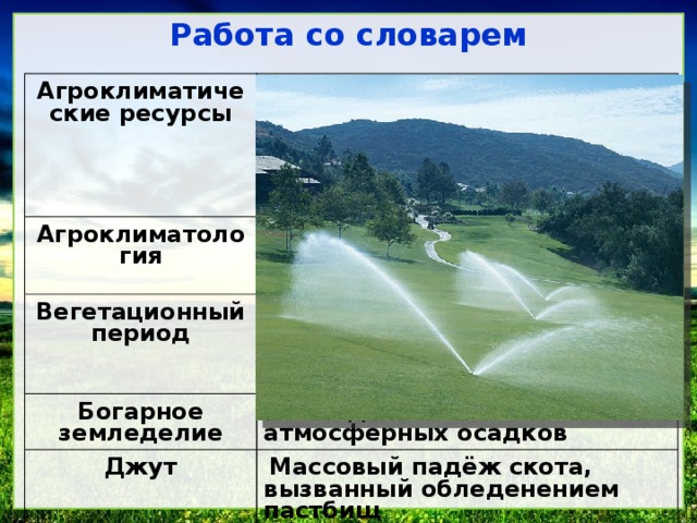 Работа со словарем Агроклиматические ресурсы Свойства климата, обеспечивающие возможность ведения сельскохозяйственного производства: свет, тепло, влага. Агроклиматология Раздел климатологии, изучающий климат как фактор с/х производства Вегетационный период Период года, в который по метеорологическим условиям возможны рост и развитие (вегетация) растений Богарное земледелие Земледелие за счет влаги атмосферных осадков Джут Массовый падёж скота, вызванный обледенением пастбищ
