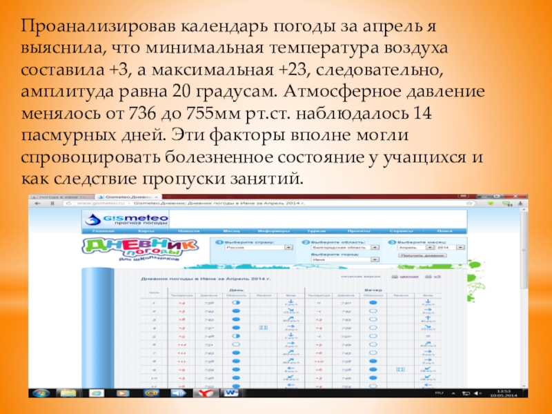 Проанализировав календарь погоды за апрель я выяснила, что минимальная