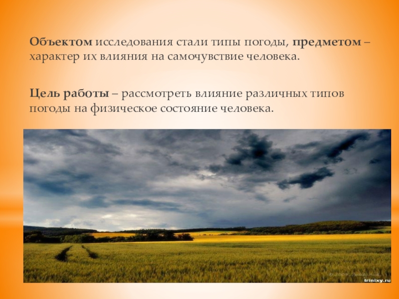 Объектом исследования стали типы погоды, предметом – характер их