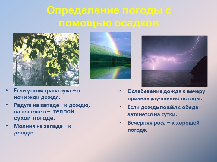 Определение погоды с помощью осадковЕсли утром трава суха – к ночи жди дождя