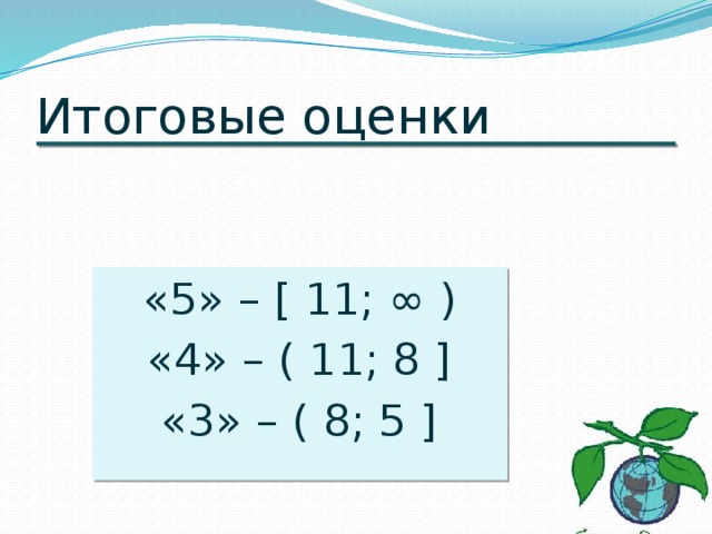 Итоговые оценки &laquo;5&raquo; – [ 11; ∞ ) &laquo;4&raquo; – ( 11; 8 ] &laquo;3&raquo; – ( 8; 5 ] 
