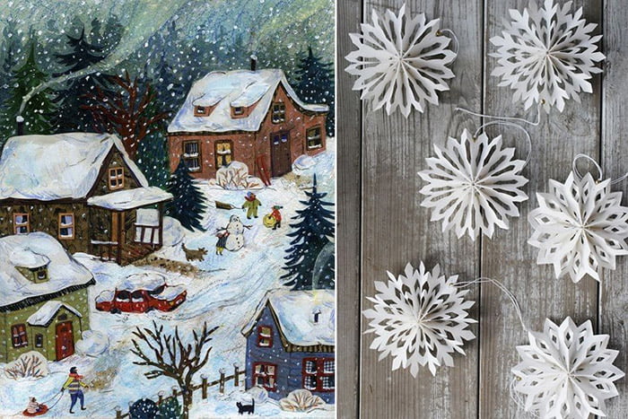 Зимний пейзаж и бумажные снежинки