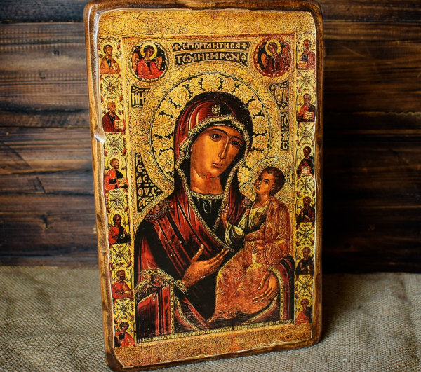 икона, иверская богоматерь с апостолом, деревеная икона