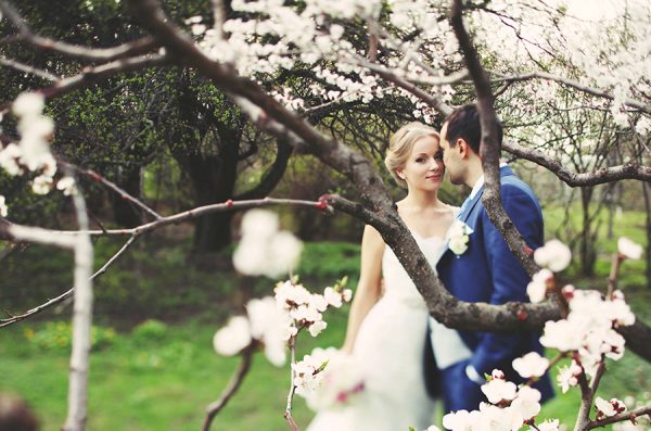 свадьба весной, жених и невеста, цветущее дерево