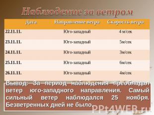 Наблюдение за ветром Вывод: За период наблюдения преобладал ветер юго-западного