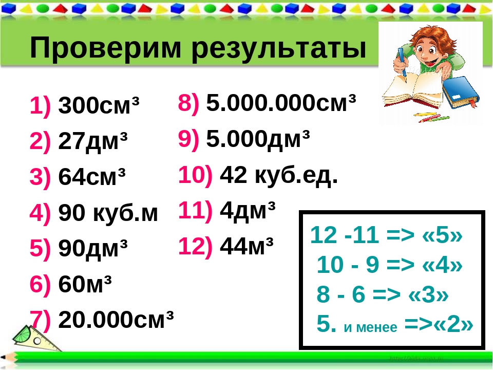 Проверим результаты 1) 300см³ 2) 27дм³ 3) 64см³ 4) 90 куб.м 5) 90дм³ 6) 60м³.