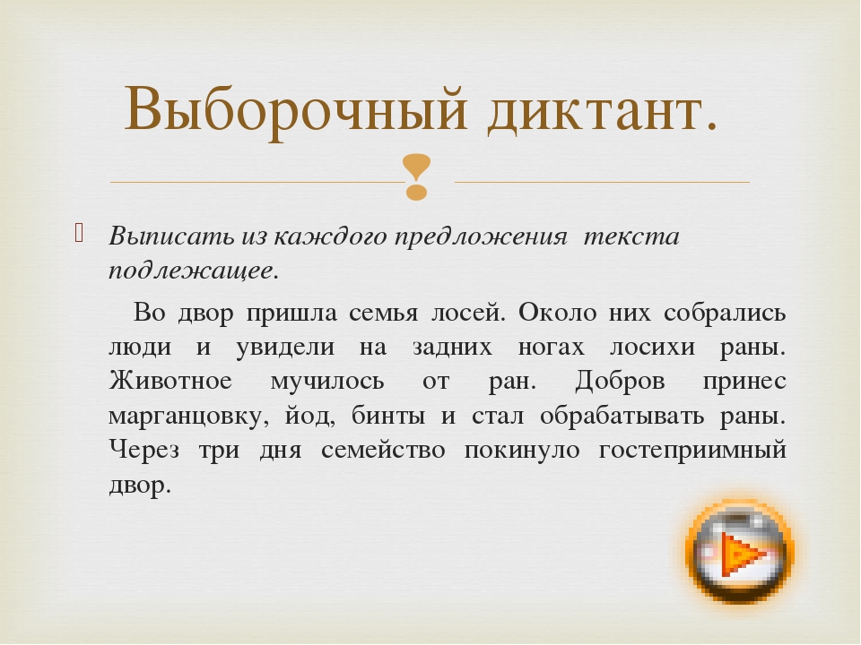 Выписать из каждого предложения текста подлежащее. Во двор пришла семья лосей.